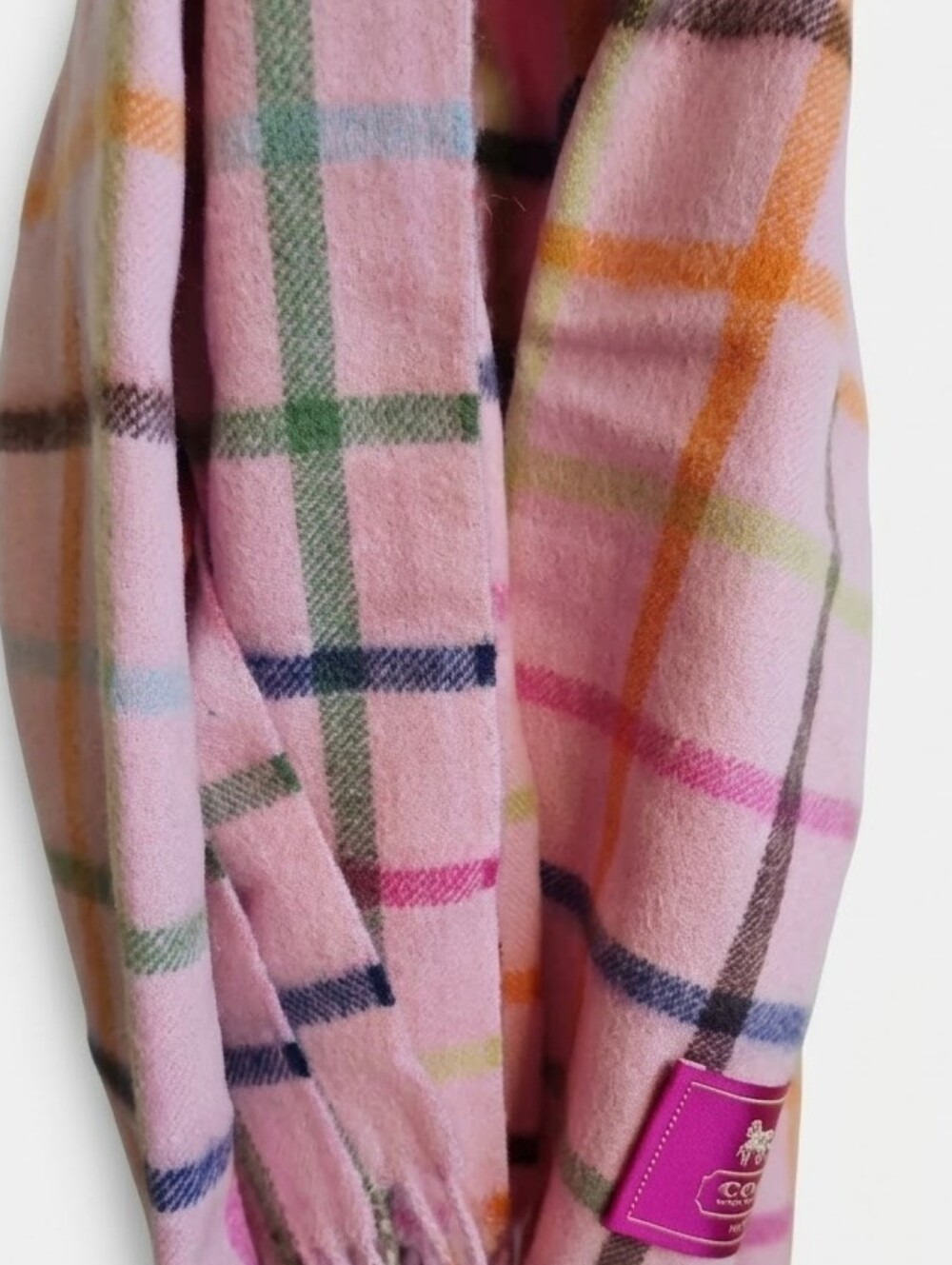 COACH Pink Tattersall Plaid 100% Cashmere Fringed Scarf | NWOT - Picture 5 of 7